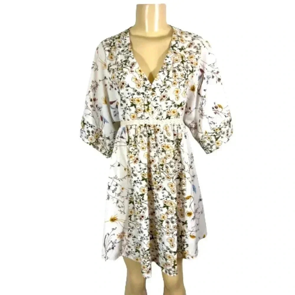 UMGEE COTTAGECORE ‎ BOHO FLORAL WHITE AND YELLOW DRESS